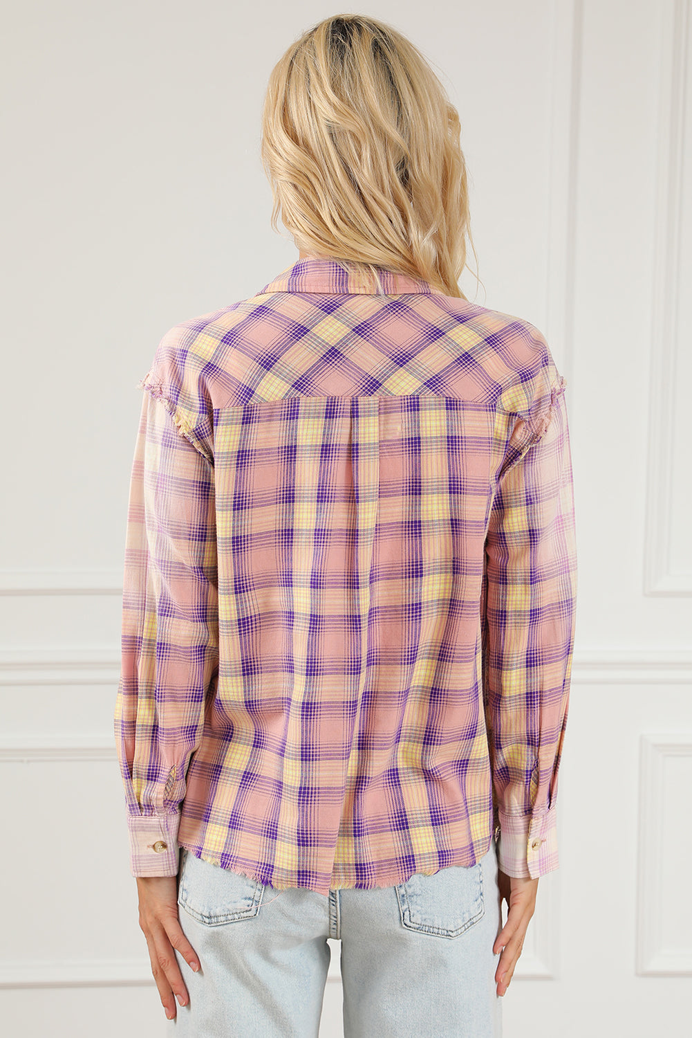 Purple Bleached Plaid Print Exposed Seam Shirt