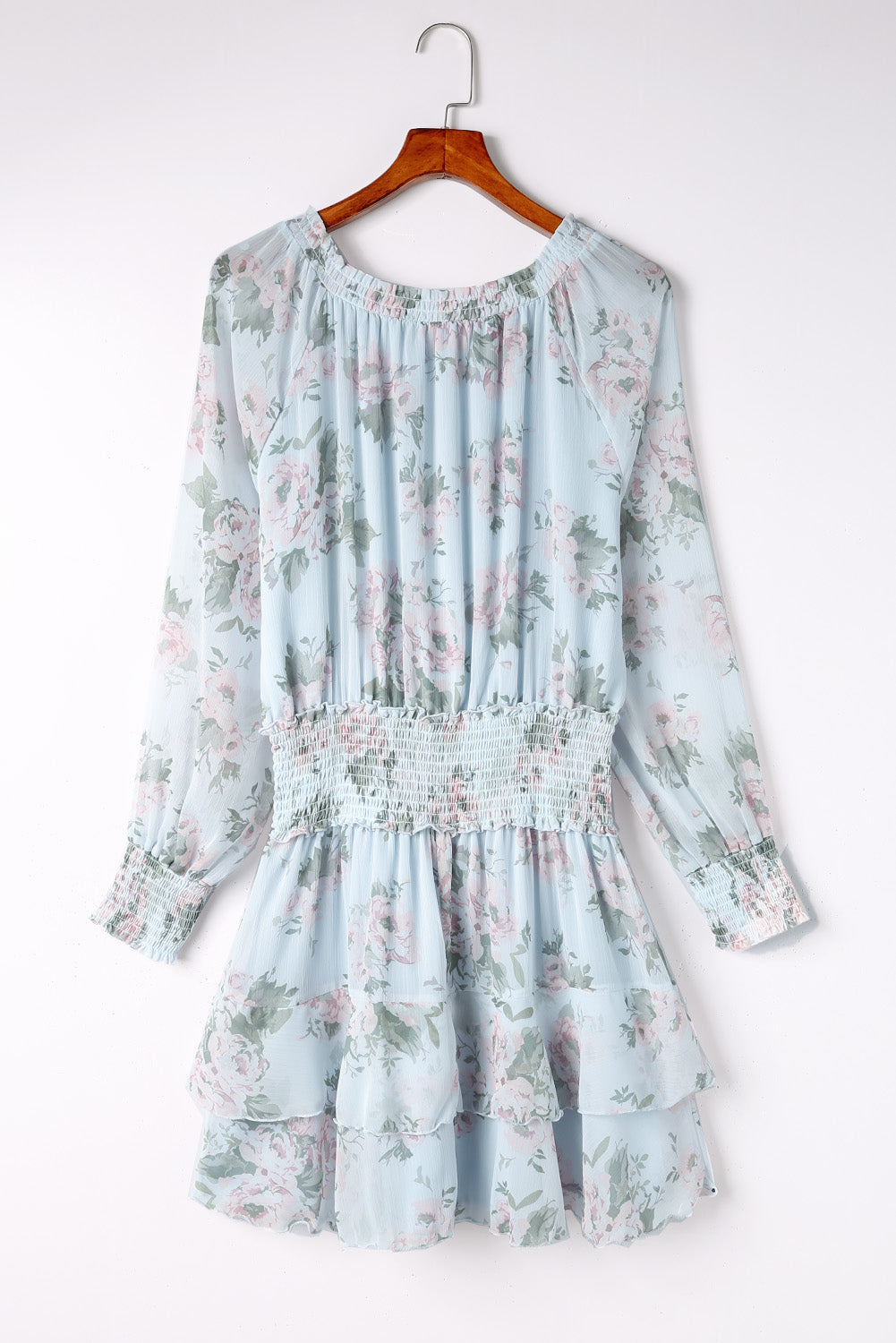 Floral Print Tiered Ruffled Shirred High Waist Mini Dress