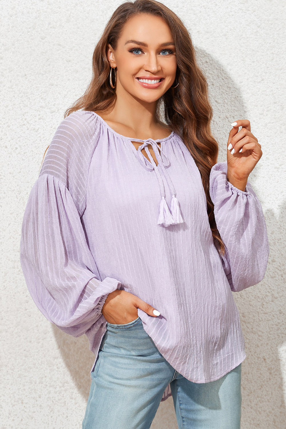 Blue Lantern Sleeve Stripe Tassel Drawstring Blouse