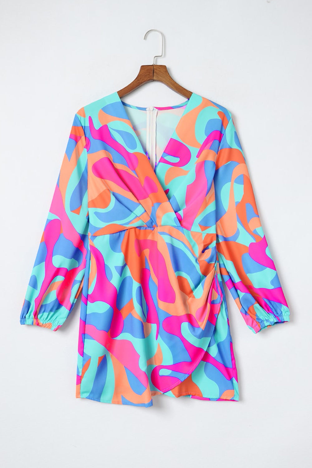 Abstract Print Wrap V Neck Puff Sleeve Dress