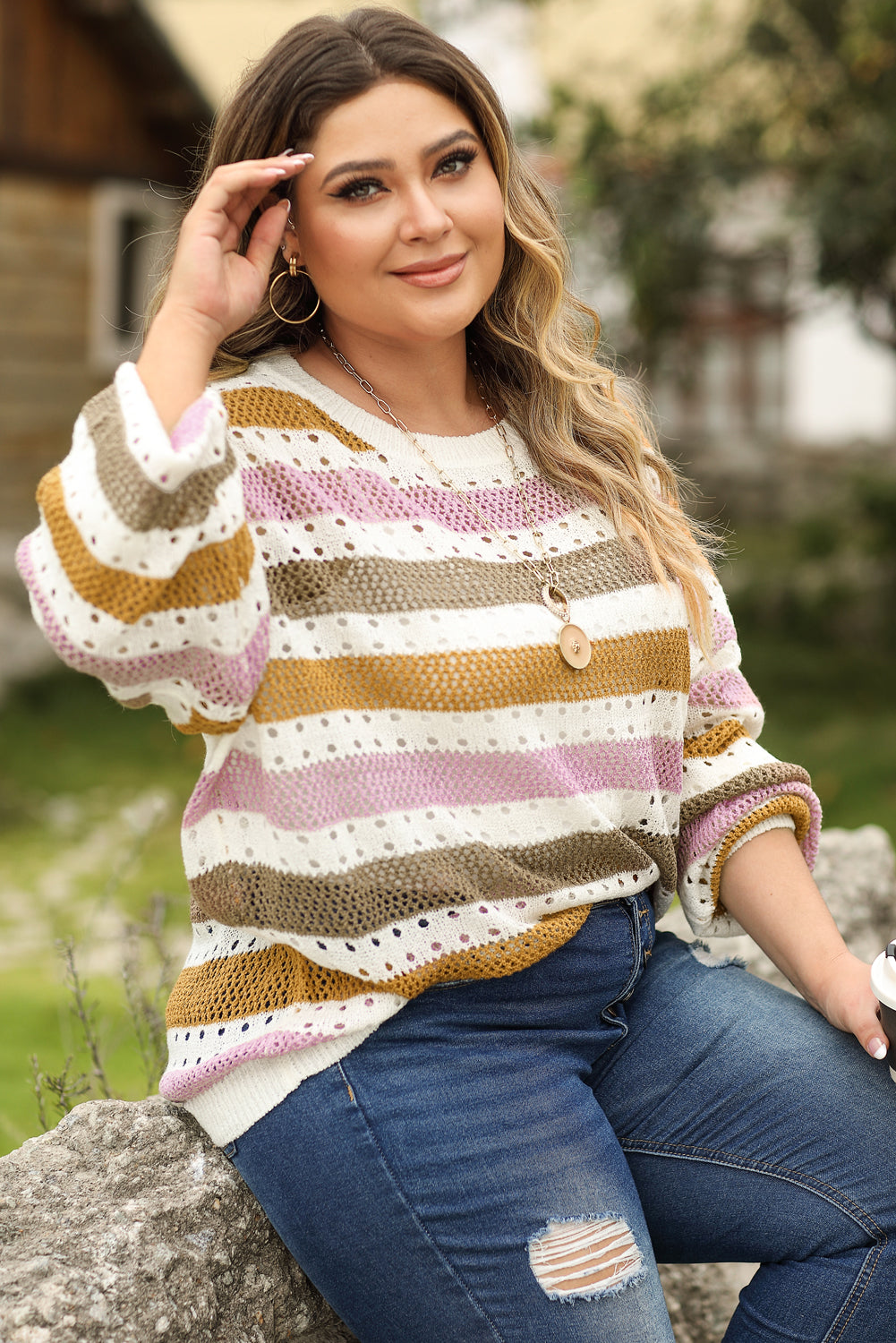 Striped Hollowed Knitted Loose Sweater