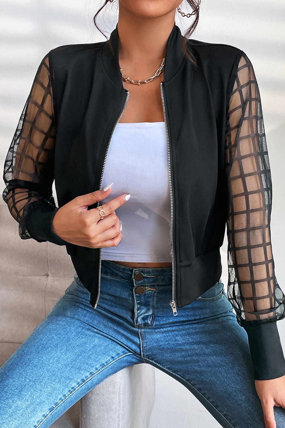 Latticed Mesh Sleeve Zip Up Bomber Jacket