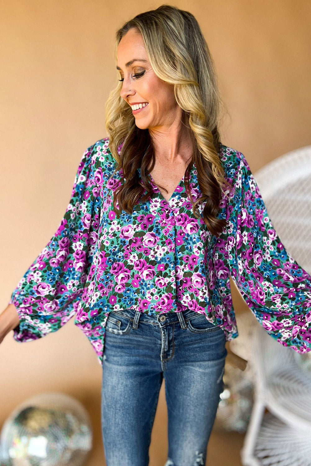 Boho Floral Print V-Neck Long Sleeve Blouse