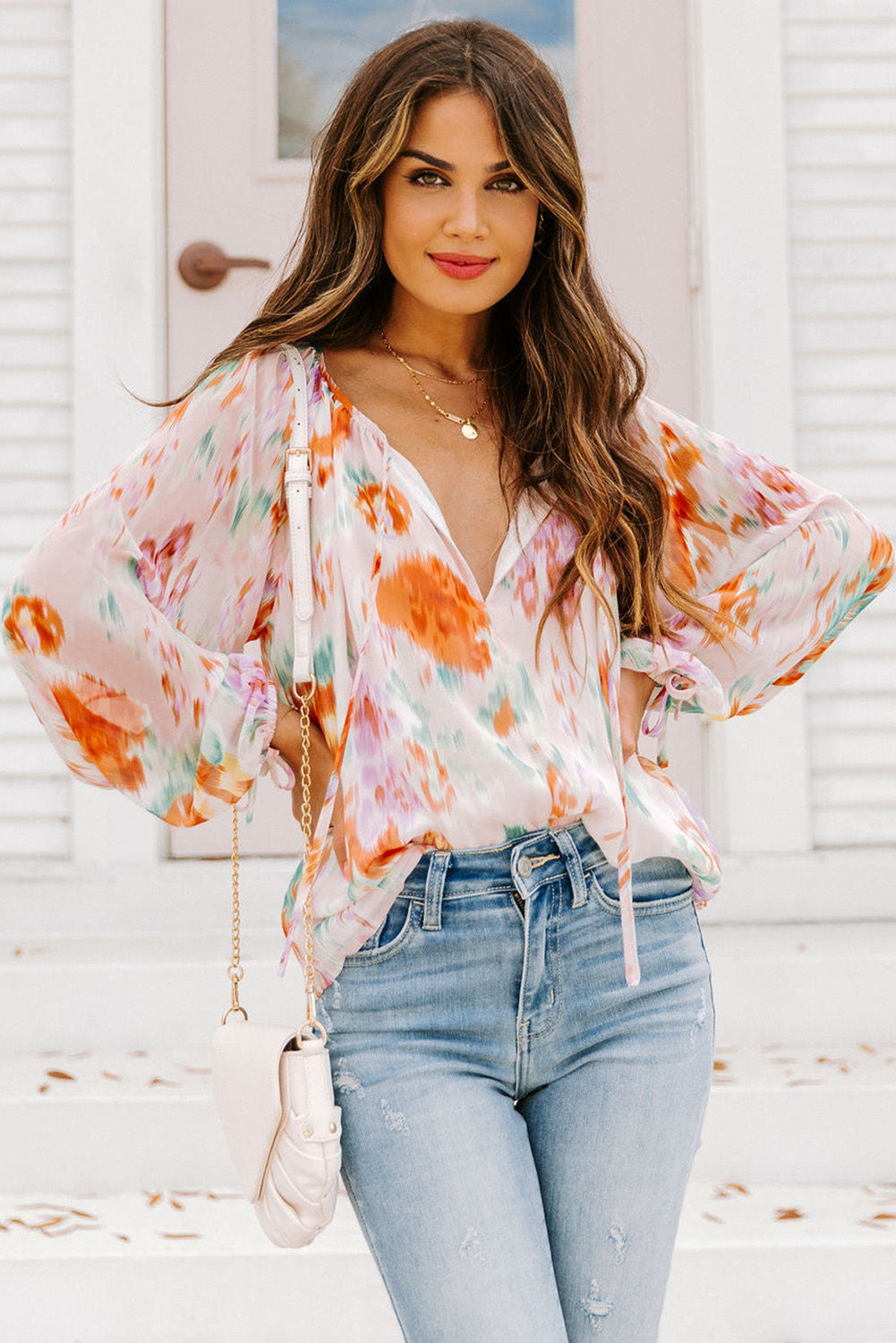 Abstract Print Split Neck Puff Sleeve Blouse