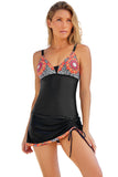 Tribal Floral Leopard Print Lace Up One Piece Swimsuit