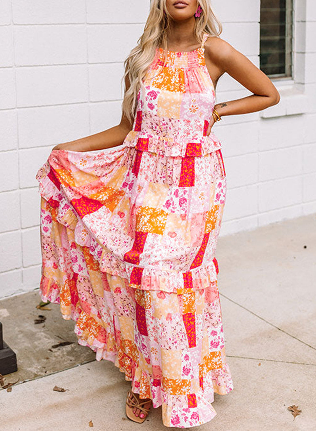 Boho Geometric Floral Print Sleeveless Maxi Dress