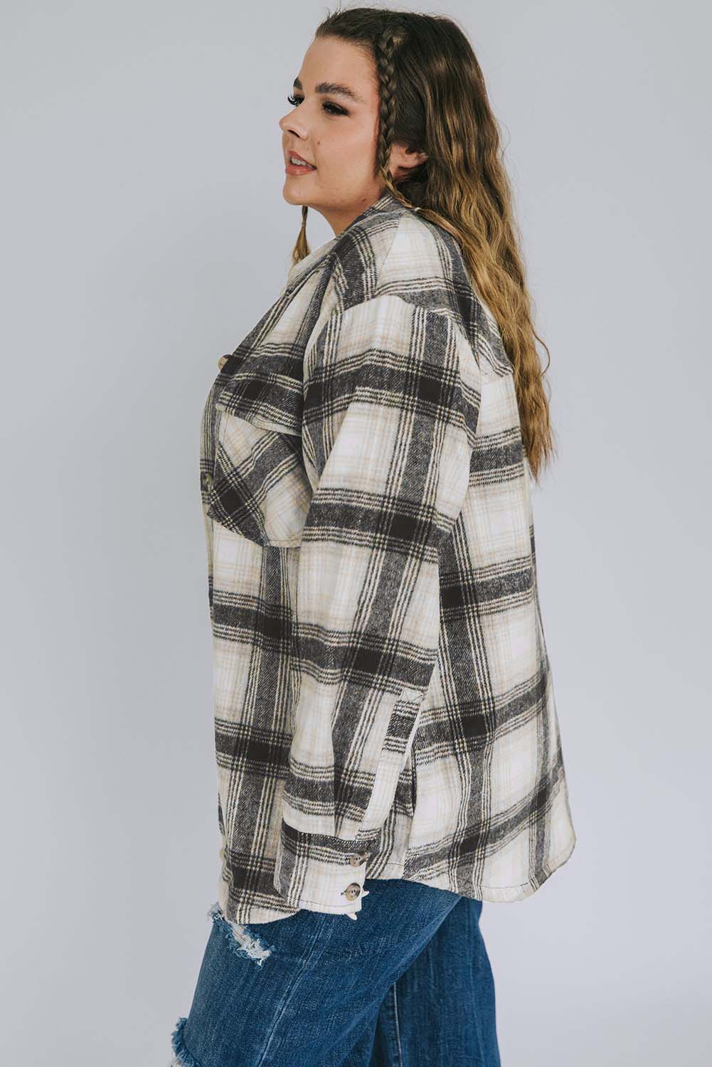 Plus Size Brushed Plaid Flap Pocket Shacket