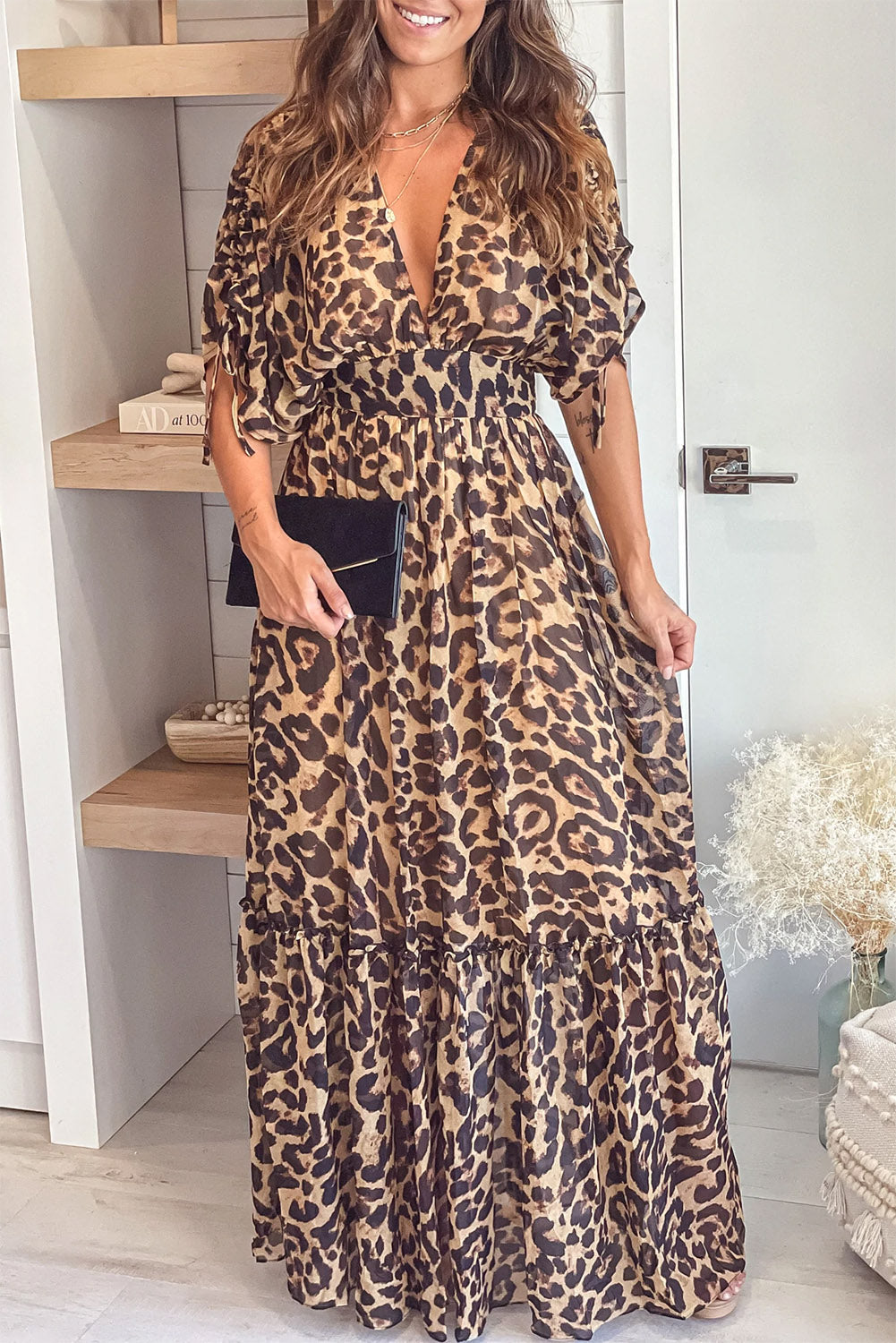 Print Drawstring V Neck High Waist Long Dress