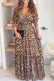 Print Drawstring V Neck High Waist Long Dress