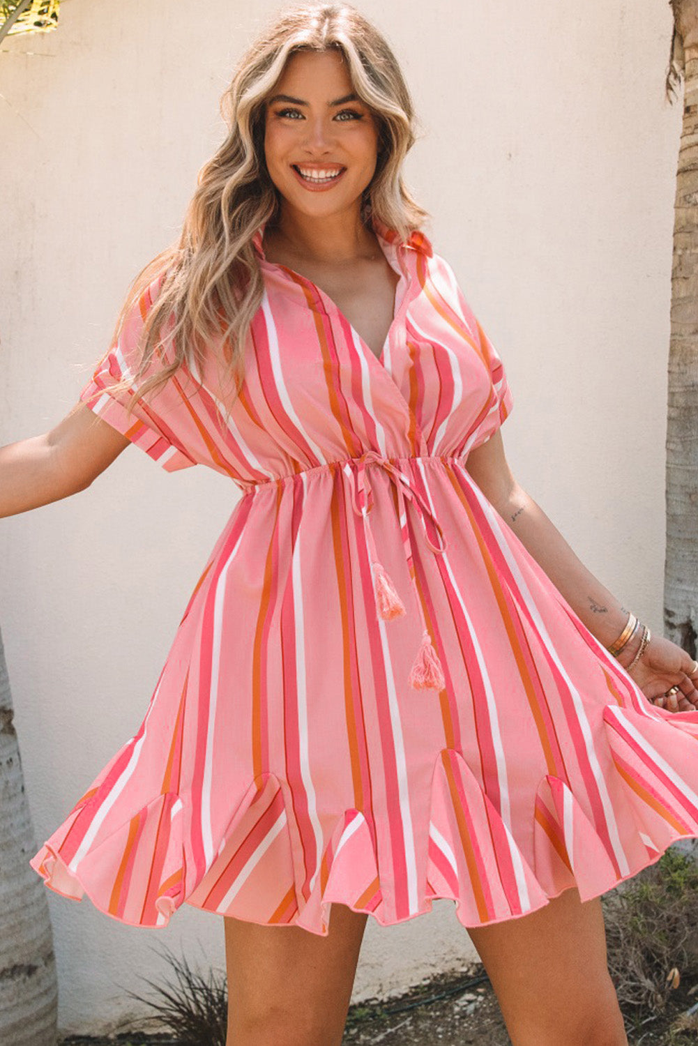 Stripe Print Rolled Short Sleeve V Neck Mini Dress