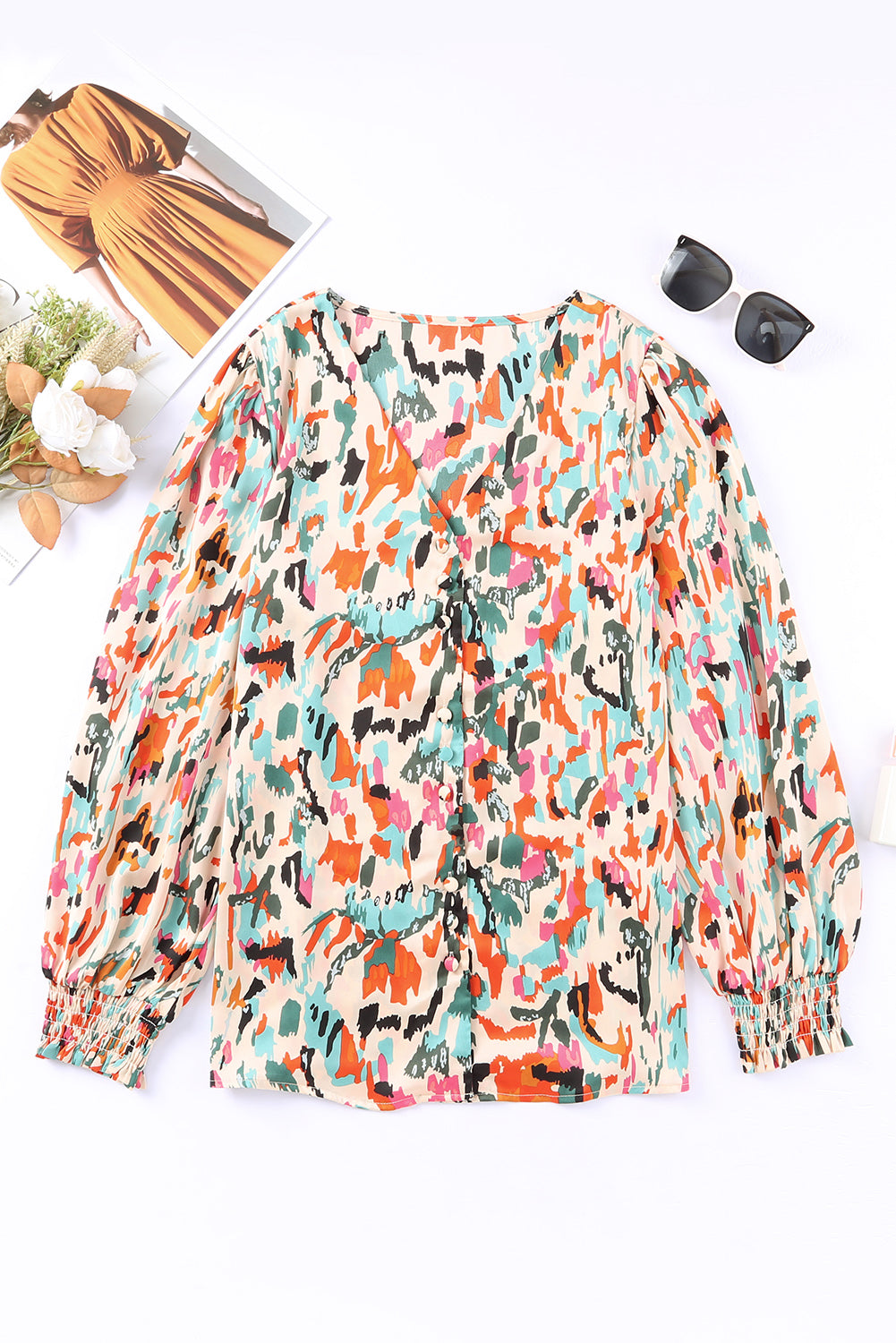 V Neck Abstract Print Long Sleeve Shirt