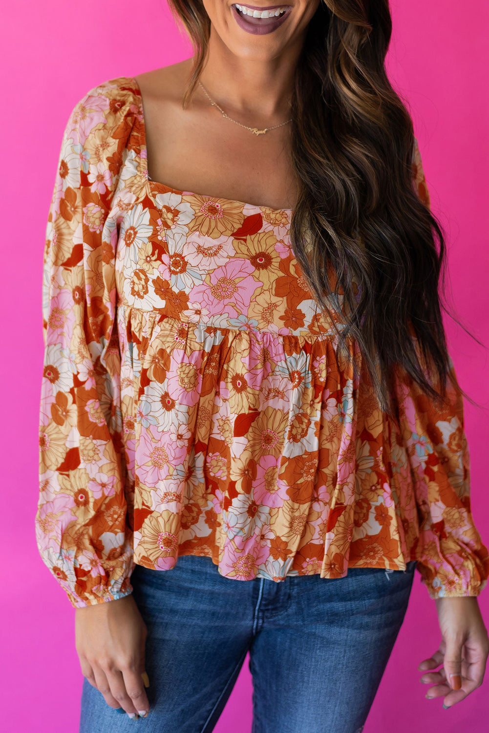 Floral Square Neck Puff Sleeve Babydoll Blouse