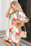 Abstract Print Notch V Neck Puff Sleeve Dress