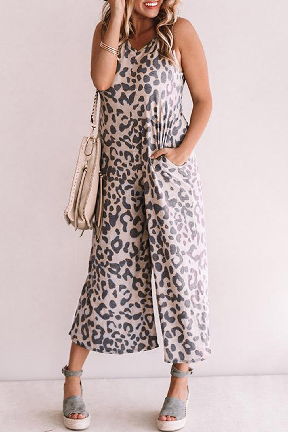 Print Pockets Wide Leg Sleeveless Jumpsuit