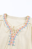 Tassel Drawstring Embroidered Half Sleeve V Neck Top