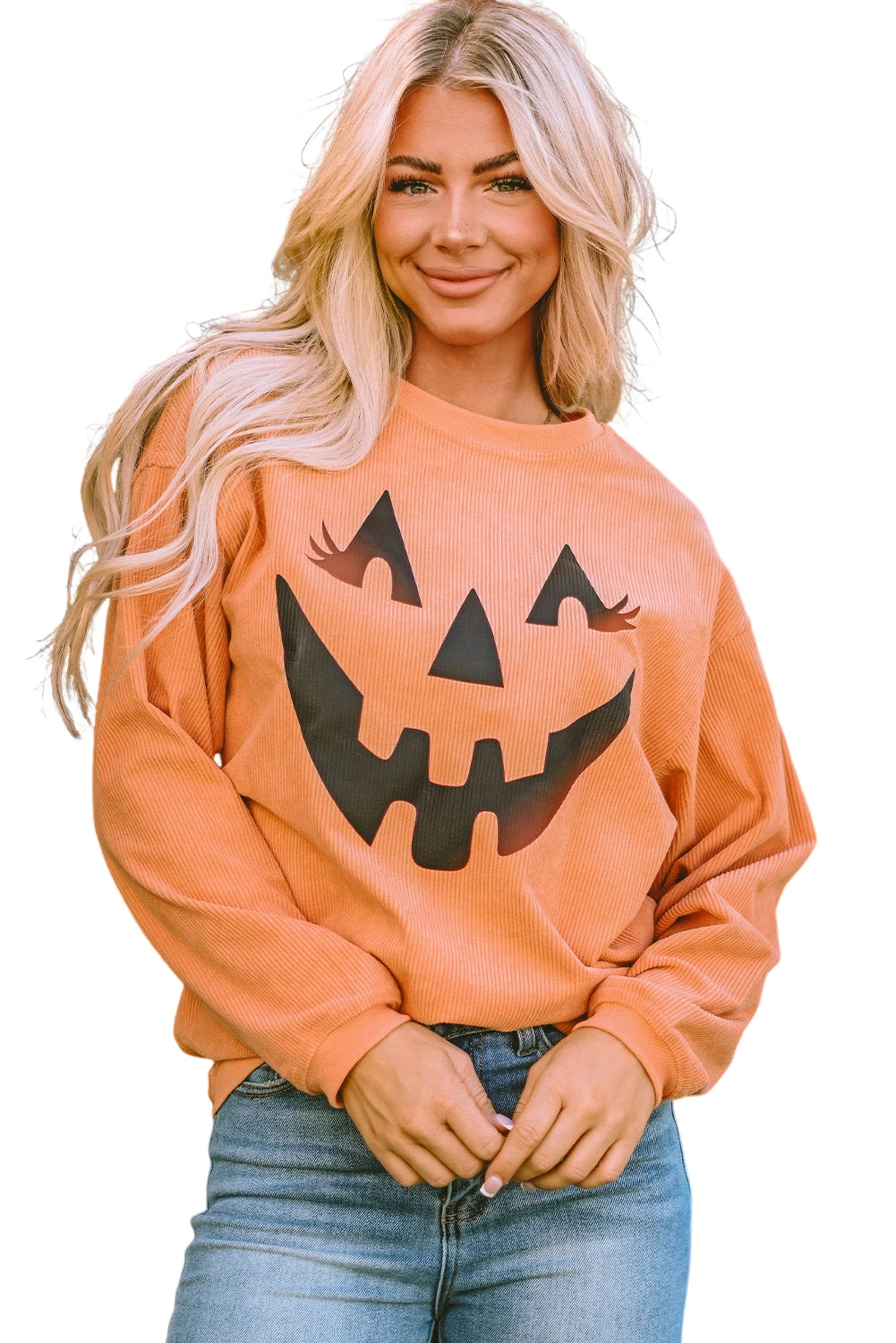 Orange Spooky Season Ghost Print Ribbed Pullover Sweatshirt