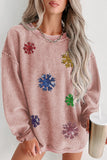 Pink Solid Ribbed Knit Round Neck Pullover Sweatshirt