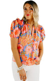 Floral Bubble Sleeve V-Neck Plus Size Blouse