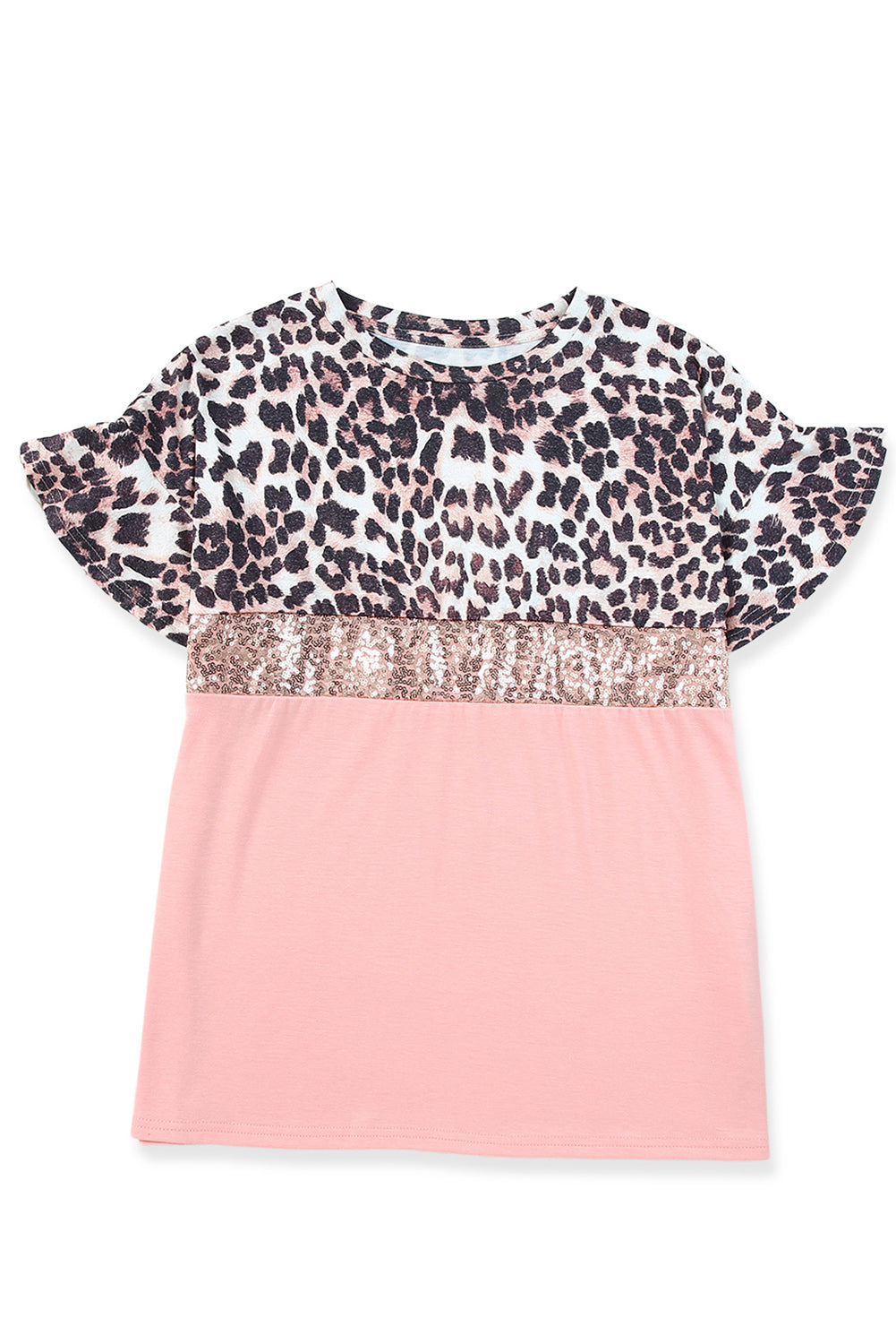 Leopard Sequin Colorblock Patchwork Short Sleeve Top