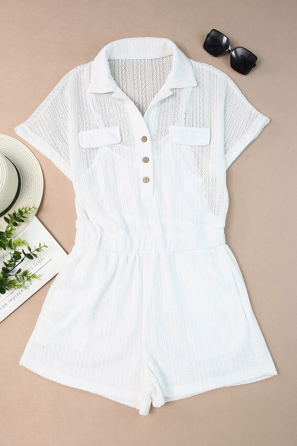 Sheer Pattern Knit Pocketed Romper