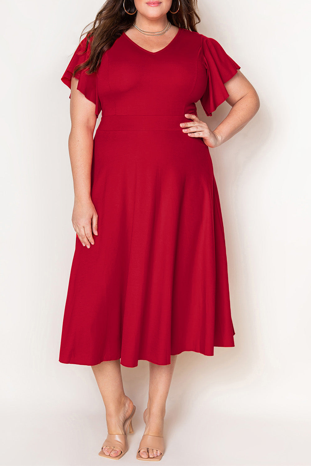 Plus Size Short Flutter Sleeve Midi Dress