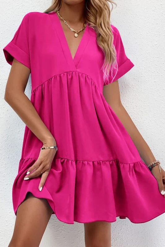 Fresh and sweet V-neck solid color large swing casual skirt dress