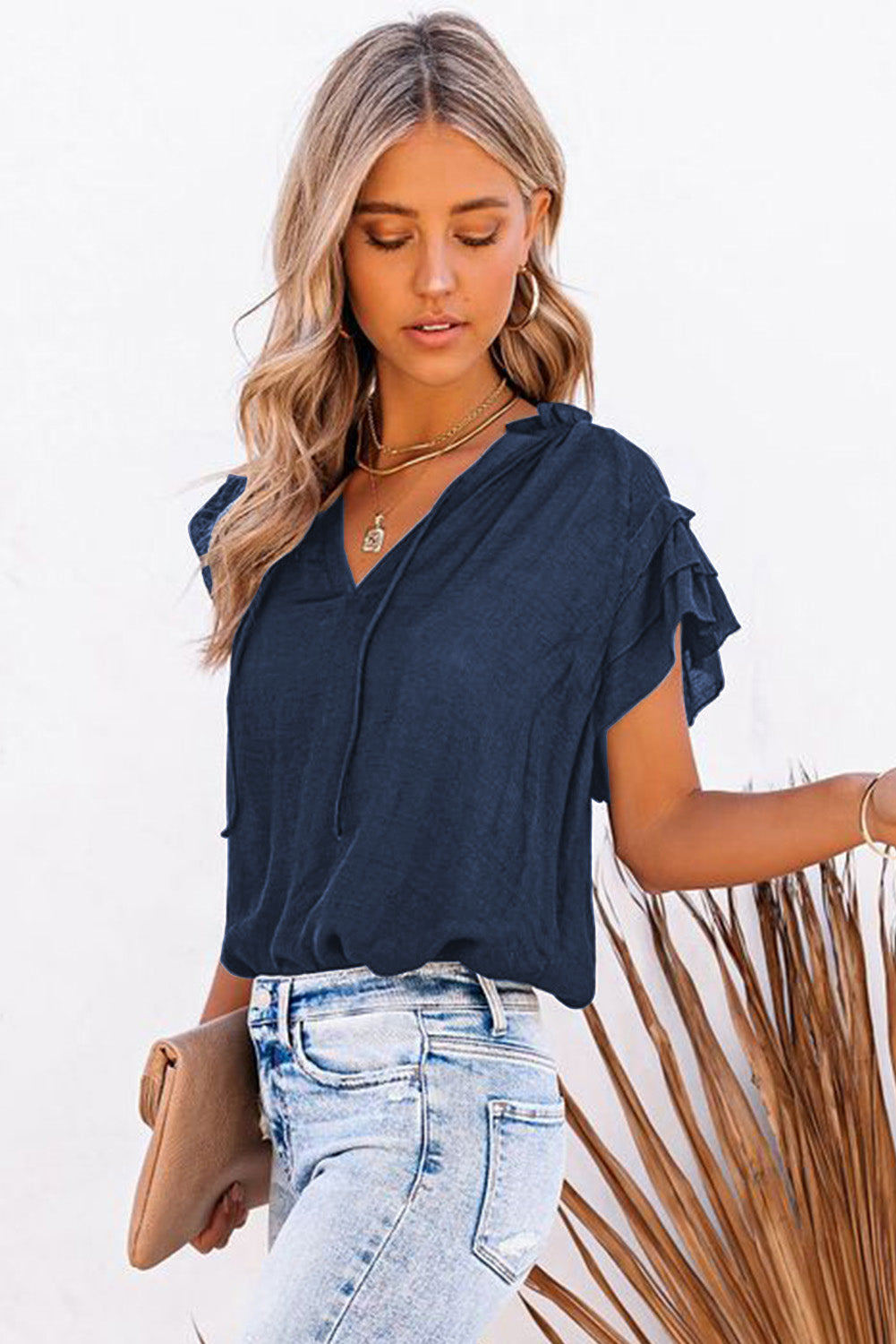 Tiered Ruffled Drawstring V Neck Top