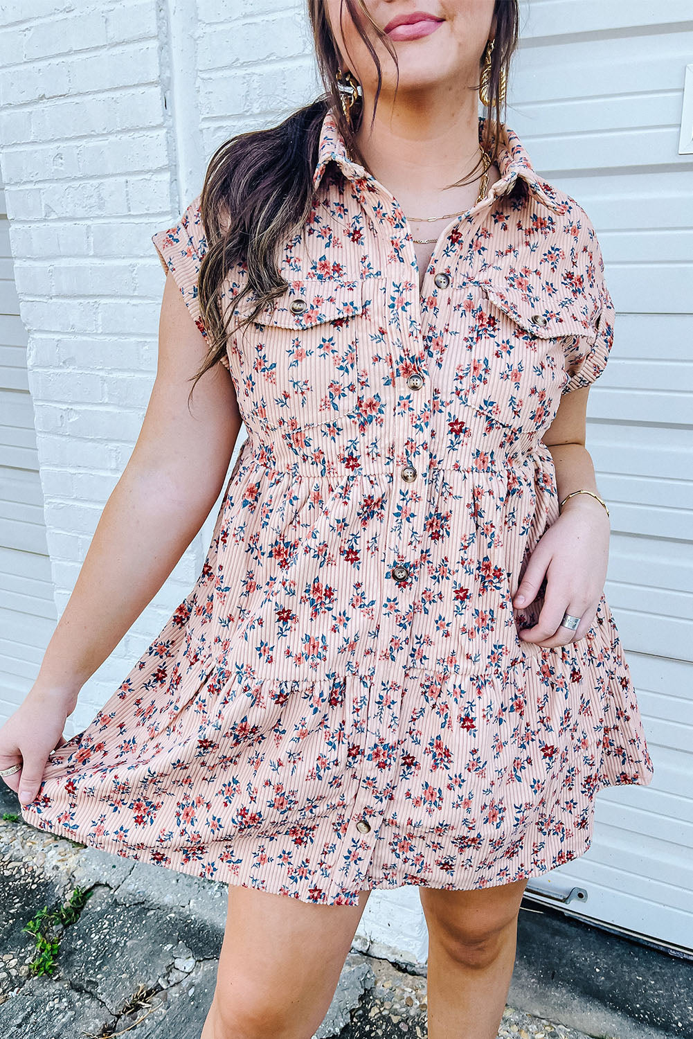 Short Sleeve Flap Pockets Shirt Floral Dress