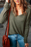 Loose Ribbed Knit V Neck Long Sleeve Top