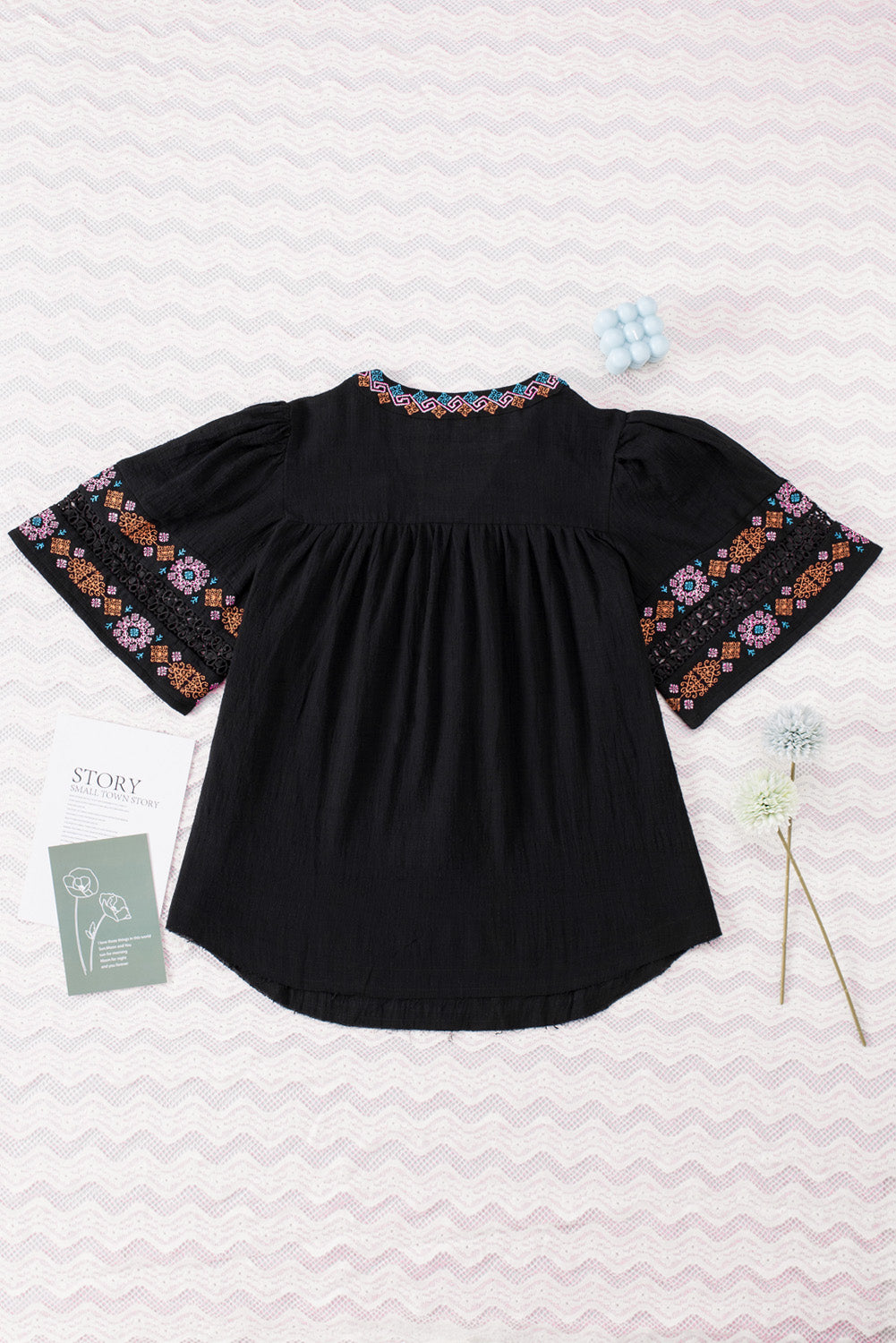 Tassel Drawstring Embroidered Half Sleeve V Neck Top