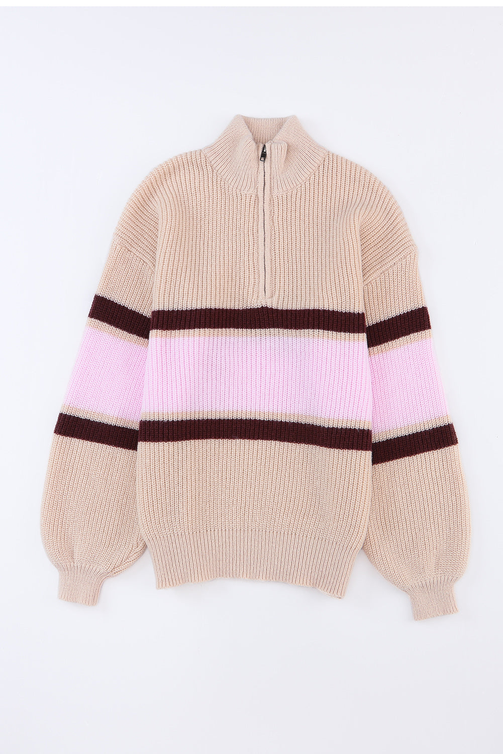 Striped Color Block Knit Zip Collared Sweater