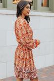 Western Pattern Print Lantern Sleeve Drawstring Mini Dress