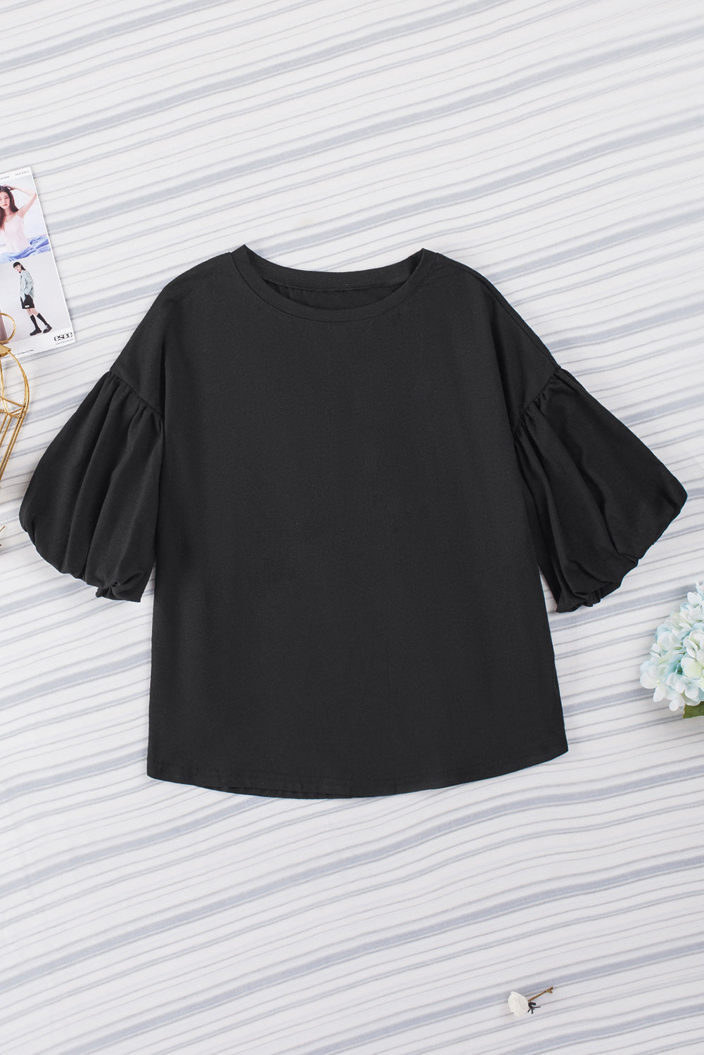 Joint Bubble Sleeve Round Neck Blouse