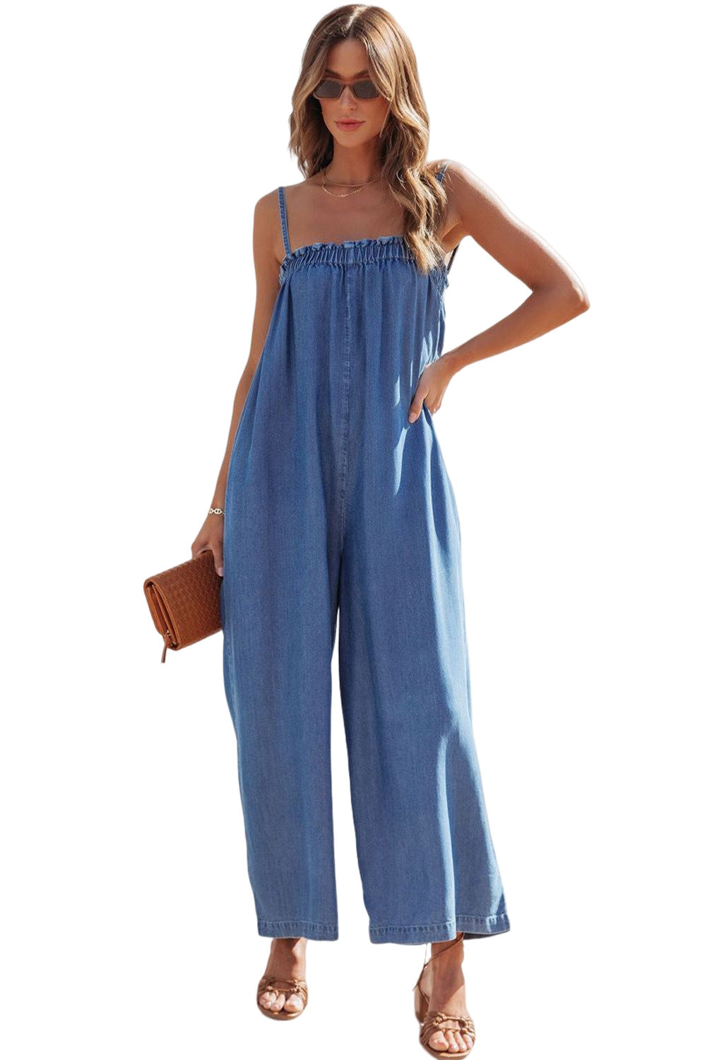 Spaghetti Straps Frilled Neckline Pocketed Wide Leg Denim Jumpsuit