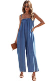 Spaghetti Straps Frilled Neckline Pocketed Wide Leg Denim Jumpsuit