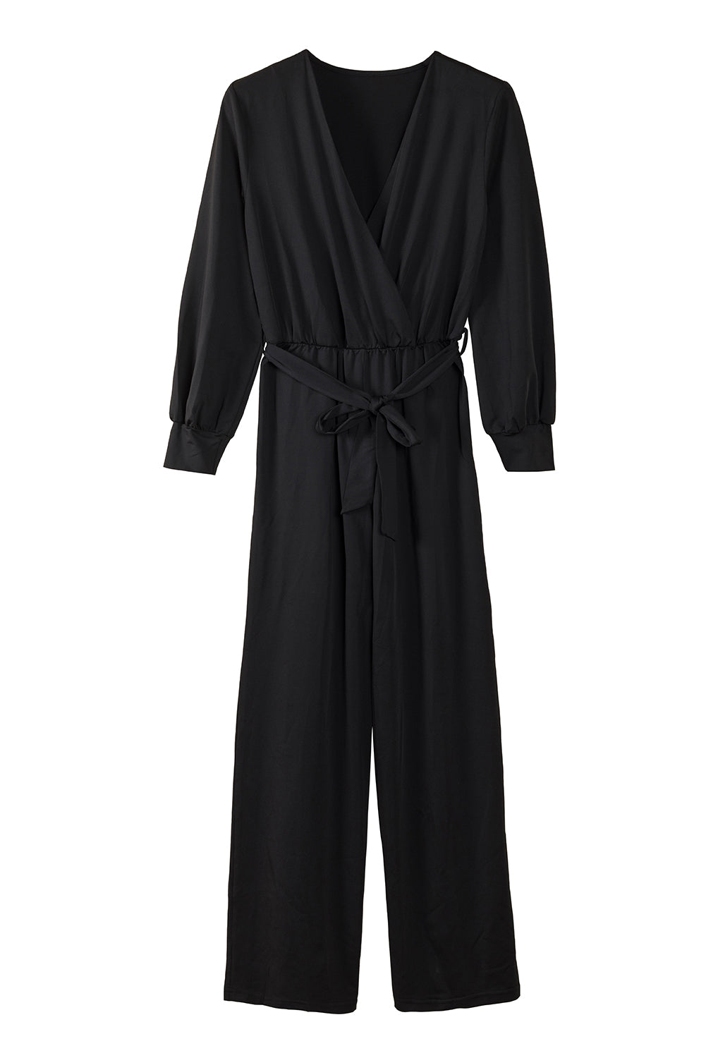 V Neck Wrap Waist Tie Long Sleeve Jumpsuit