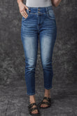 Jean skinny taille haute bleu délavé vintage à deux boutons 