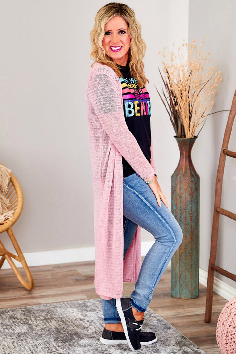 Sheer Knitted Long Side Slit Plus Size Cardigan