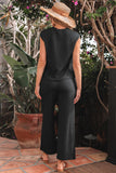 Color black Textured Knit Cap Sleeve T Shirt and Wide Leg Pants Set