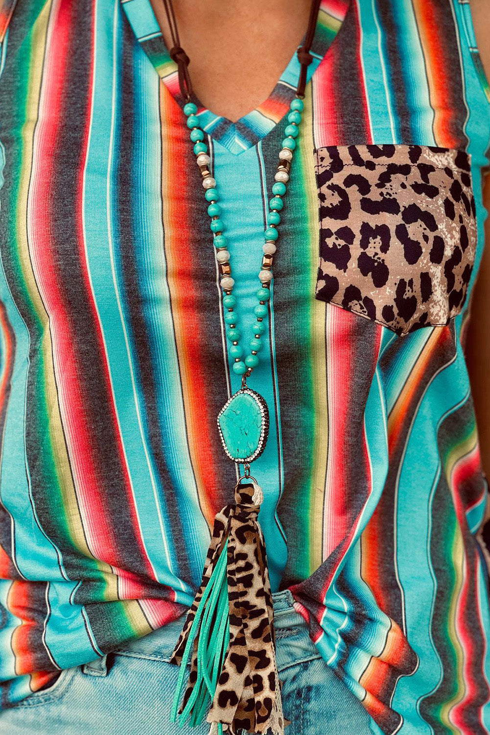 Serape Leopard Patchwork Pocket V Neck Tank Top