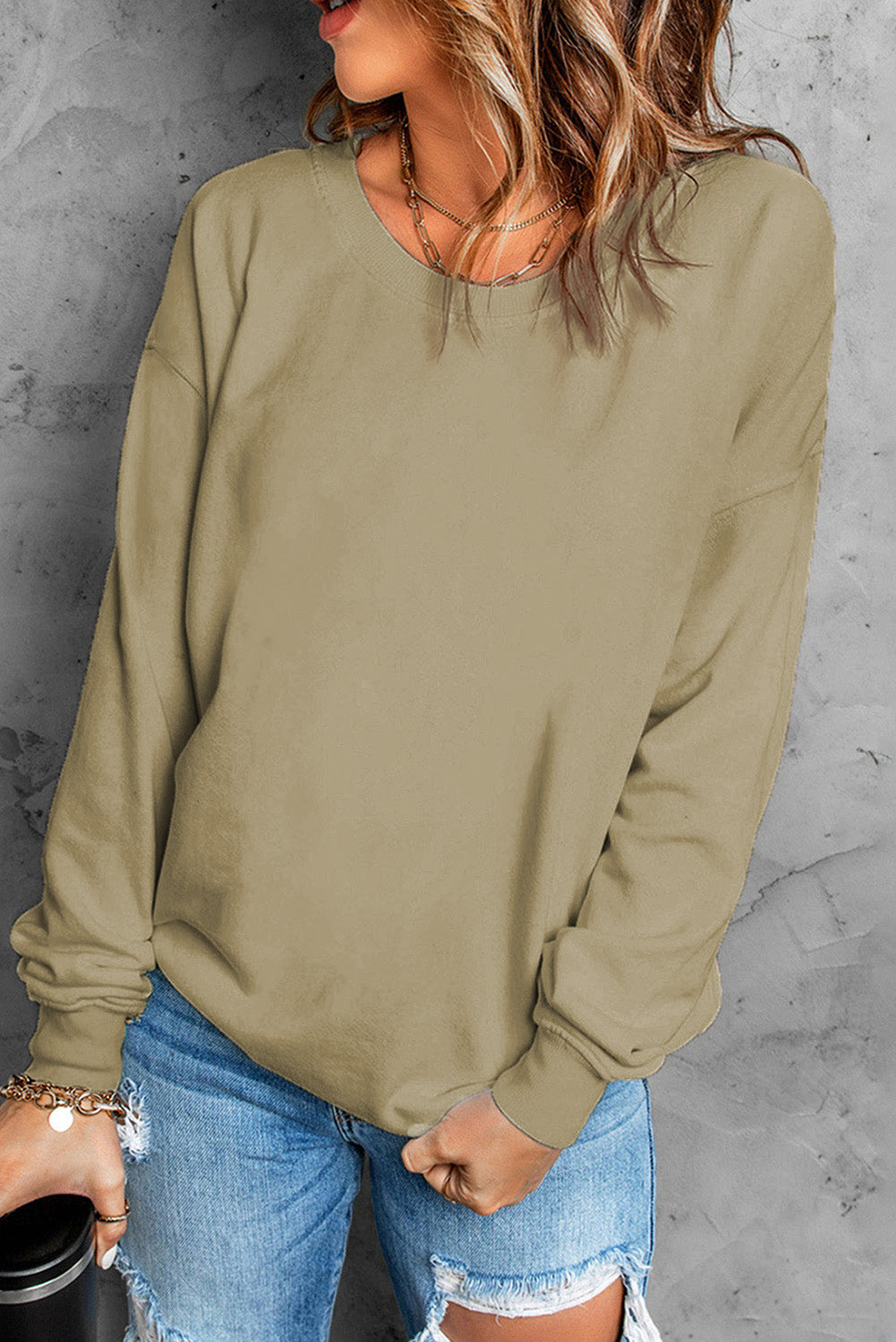 Orange Plain Crew Neck Pullover Sweatshirt