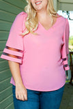 Plus Size Mesh Striped Bell Sleeve Blouse