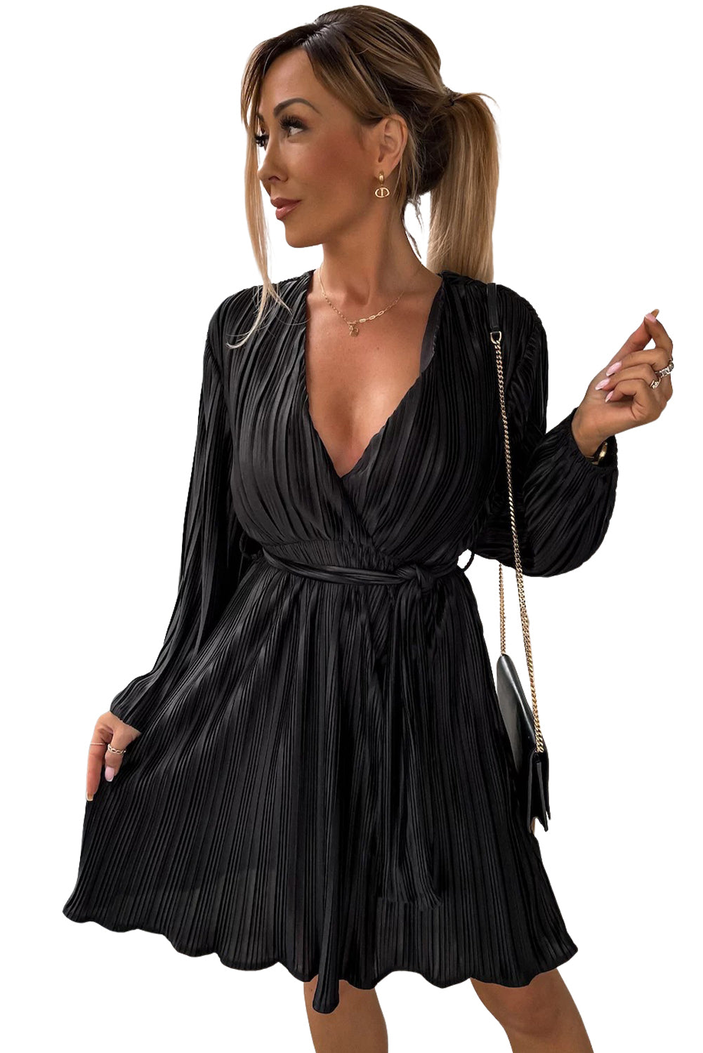 Surplice V Neck Pleated Midi Dress with Belt