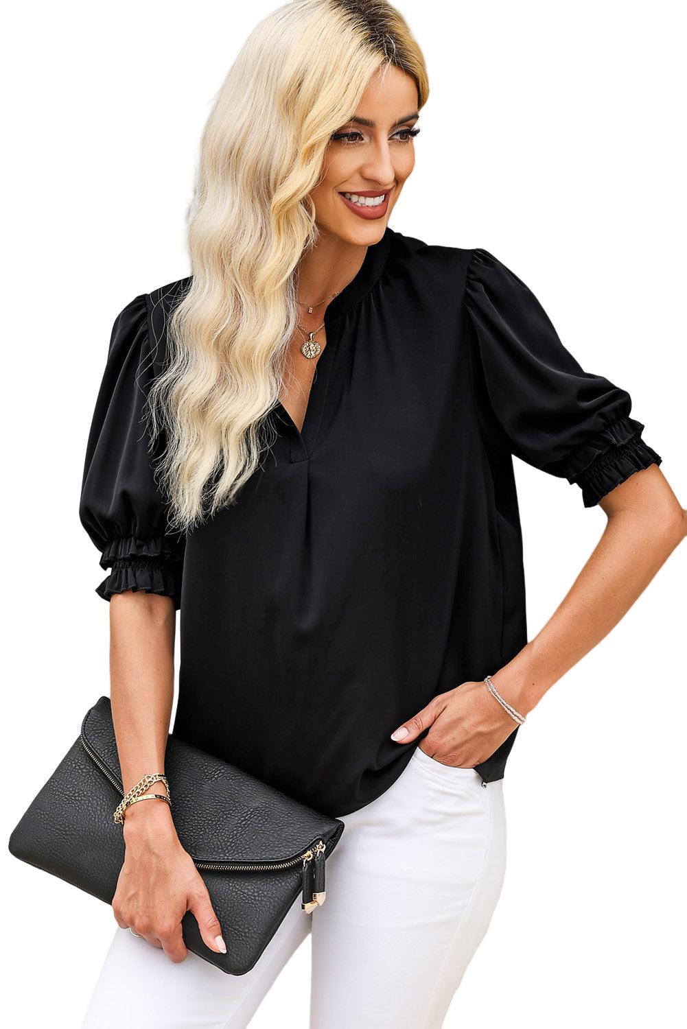 Solid Color Smock Sleeve V Neck Top