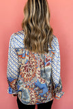 Mixed Floral Geometric Print Ruffled Long Sleeve Blouse