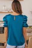 Dark Blue Ruched Puff Short Sleeve Satin Blouse