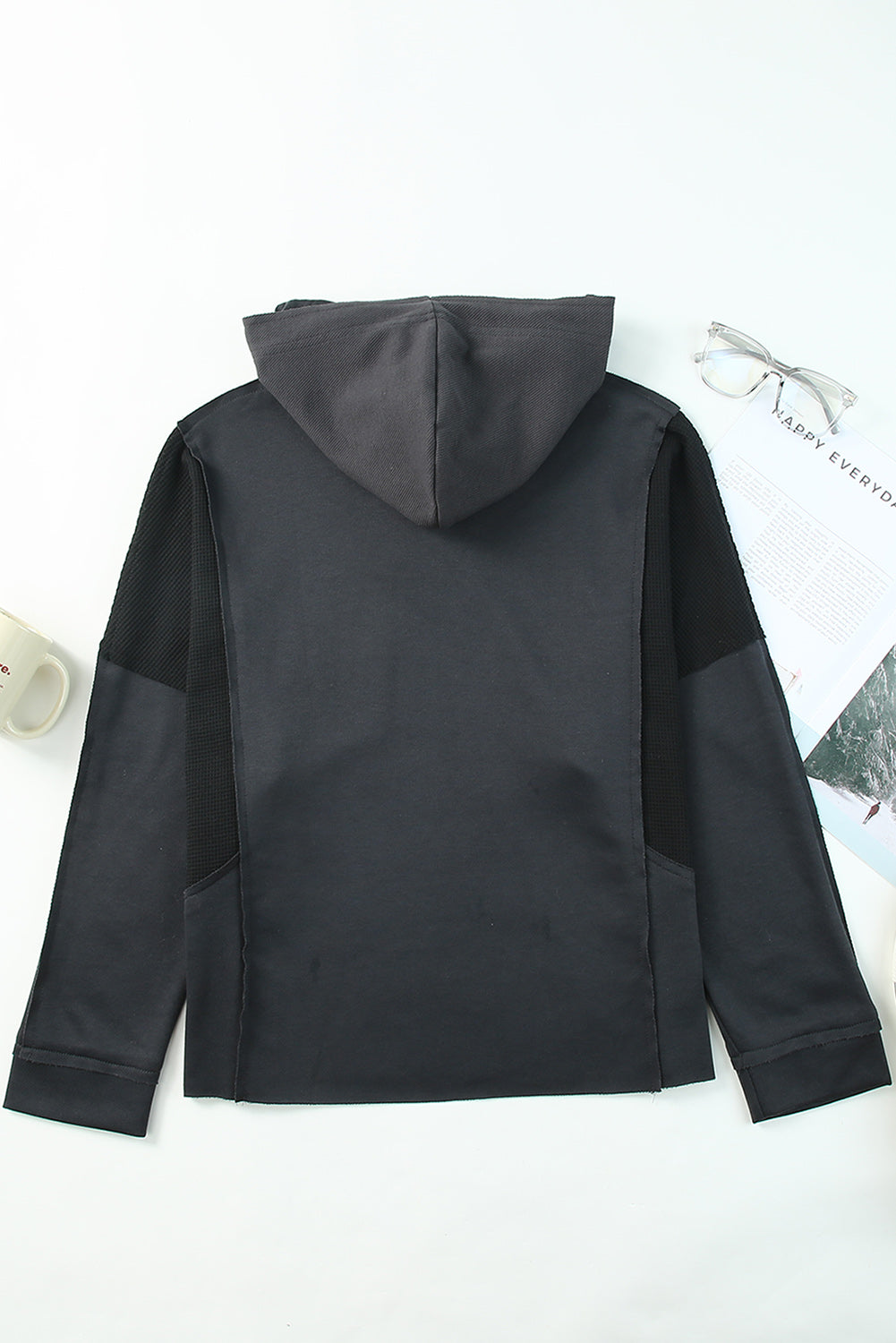 Gray Waffle Knit Long Sleeve Drawstring Hoodie