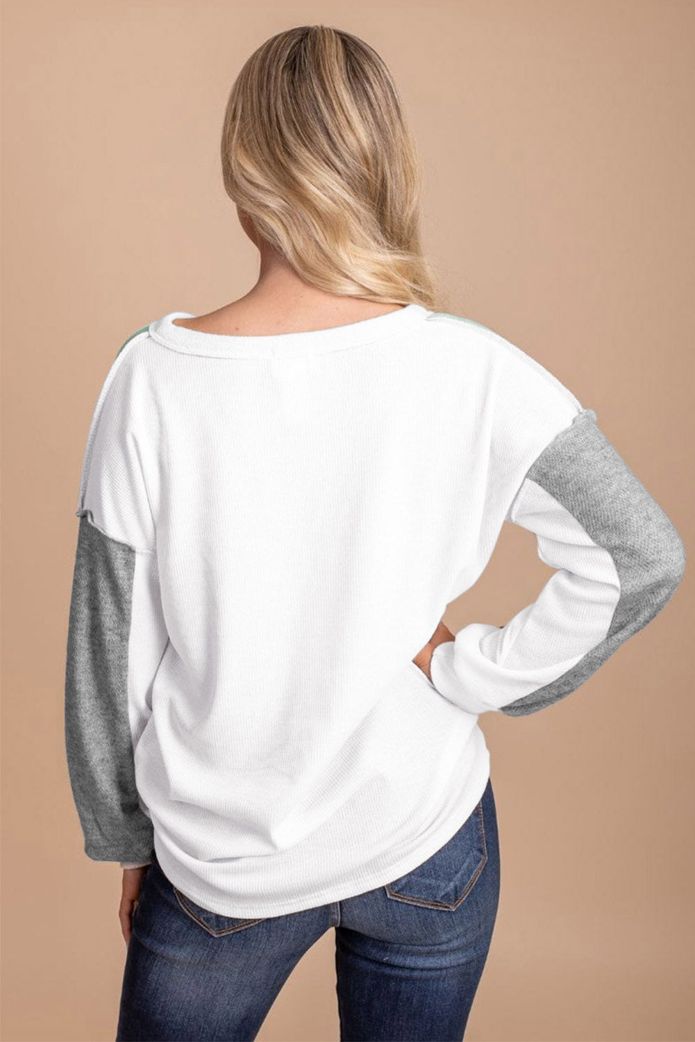 Button Decor Exposed Seam Color Block Top