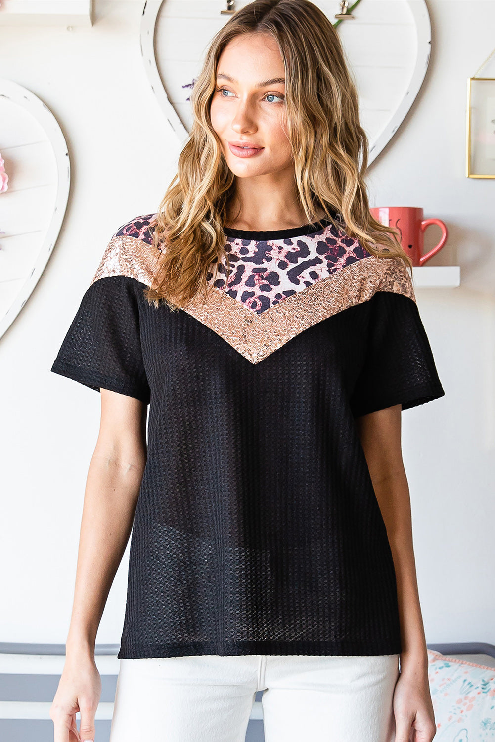 Leopard Sequin Waffle Knit Short Sleeve T-shirt