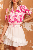 Split Neck Ruffled Puff Sleeves Floral Top